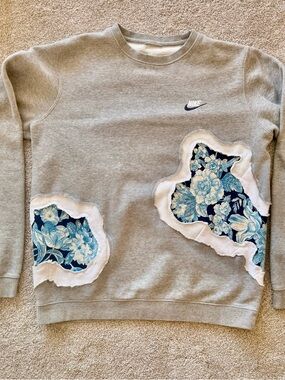 Gray Crewneck Sweatshirt with Blue Floral Patchwork